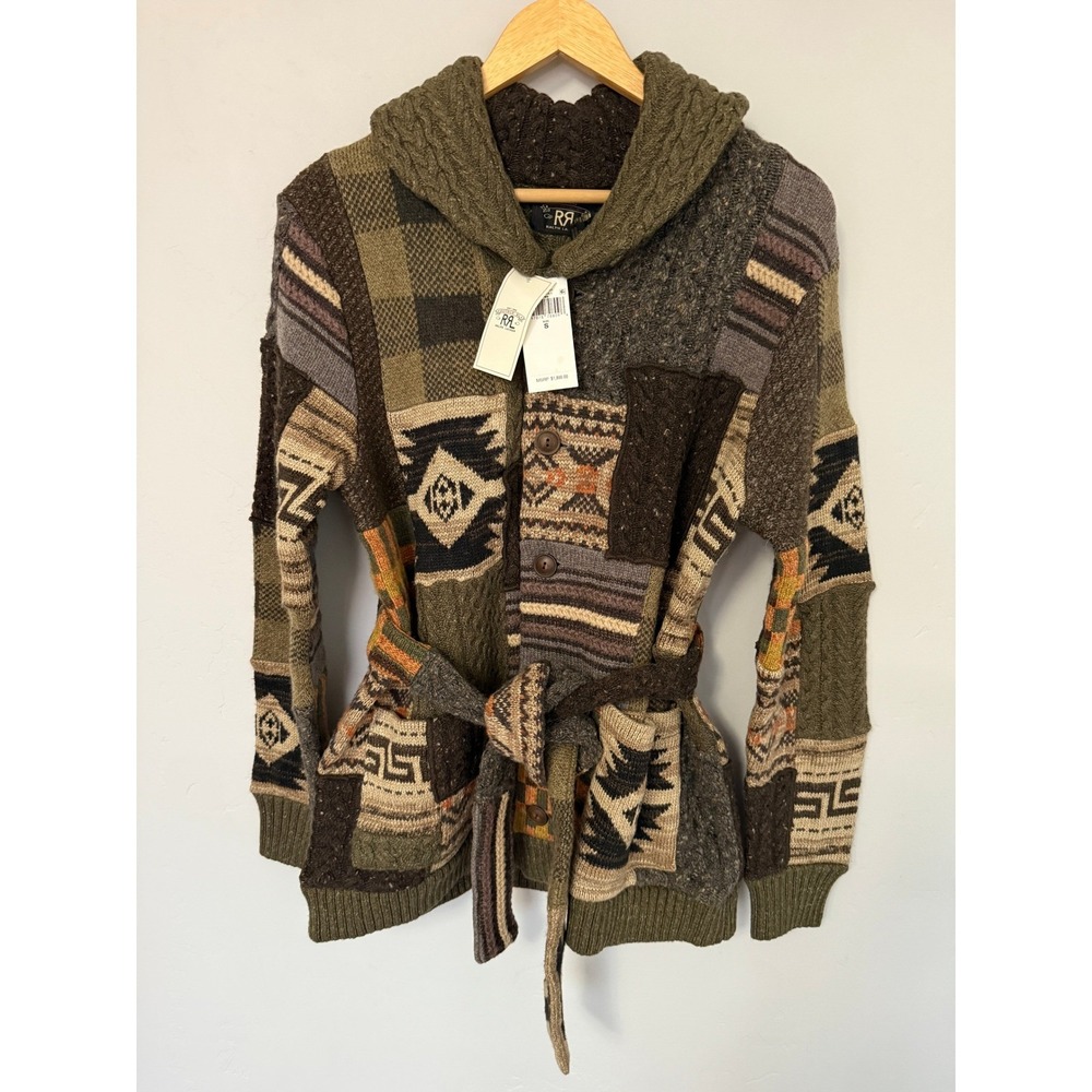 NWT RRL Double RL Patchwork Ranch Cardigan Shawl Collar Belted Wool Blend Mens S - Picture 3 of 16